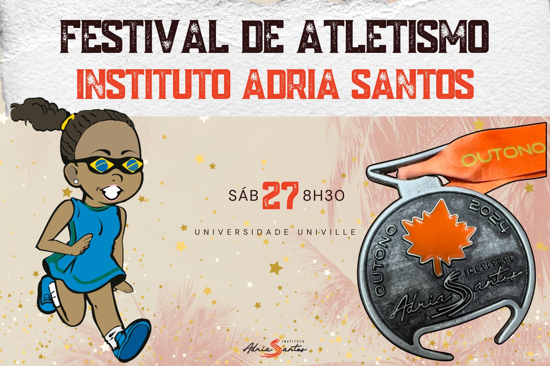 Fundo da imagem colorido, sobreposto, a medalha de outono do Festival de Atletismo. Ao lado esquerdo