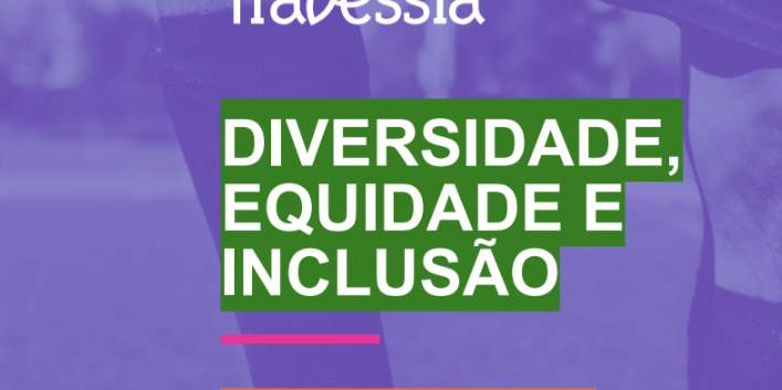 Fundo roxo e o descritivo: Diversidade, Equidade e Inclusão.