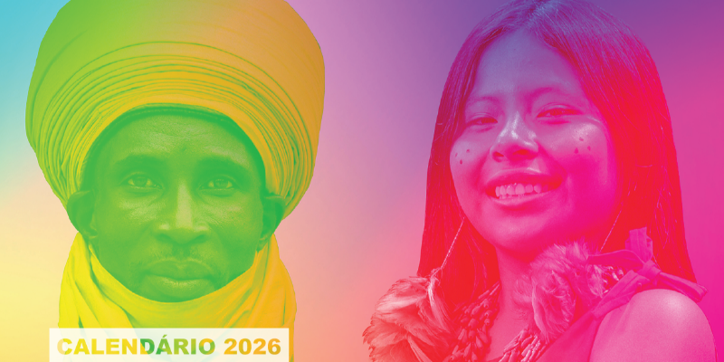 Capa do calendario 2026. Duas pessoas na imagem, com um fundo degrade amarelo e rosa
