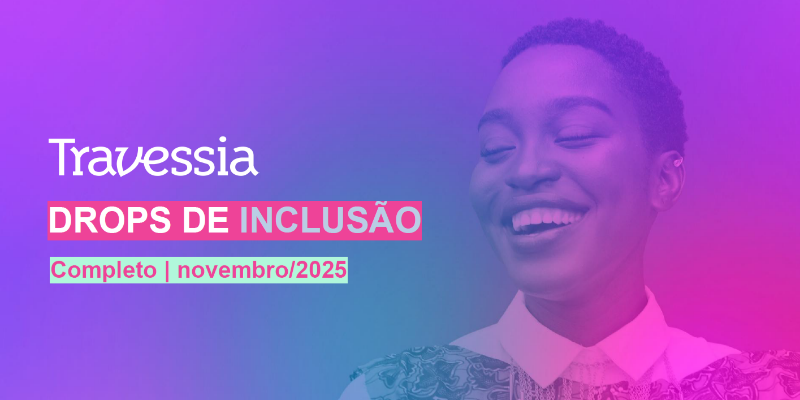 Capa do drops com uma mulher negra sorrindo. Fundo em degrade roxo e rosa.