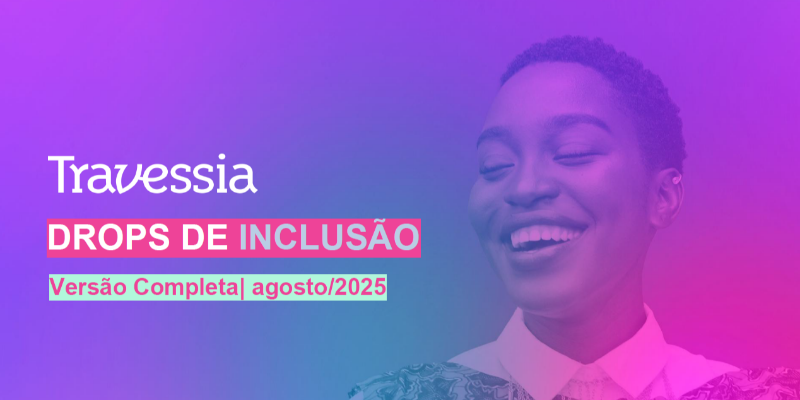 Capa do drops com uma mulher negra sorrindo. Fundo em degrade roxo e rosa.